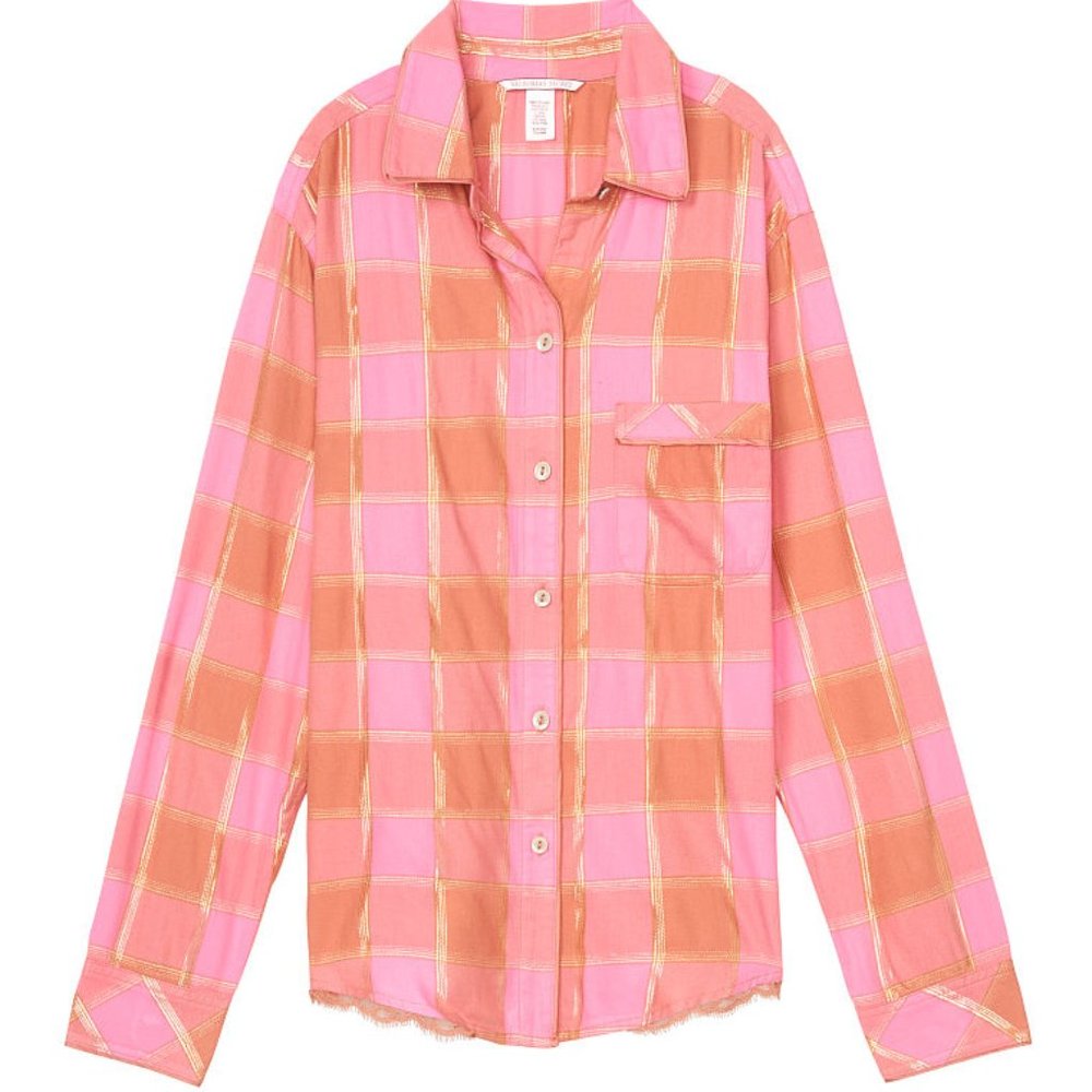 VICTORIA'S SECRET XS Flannel Top Plaid Pink w/ Gold Metallic NWT - Picture 12 of 16